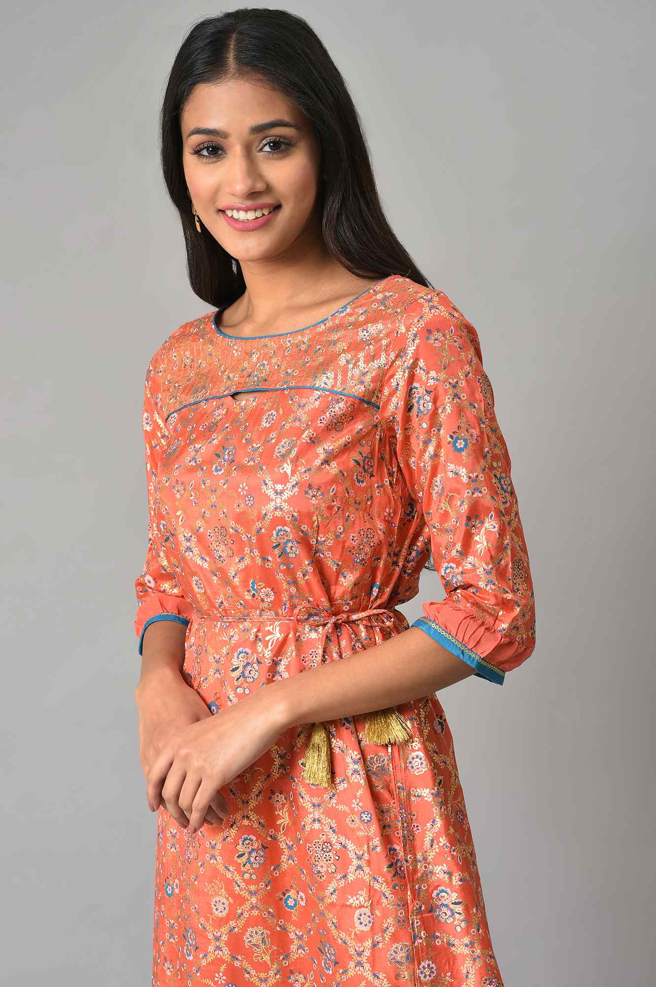 Peach Foil Printed A-Line Liva kurta