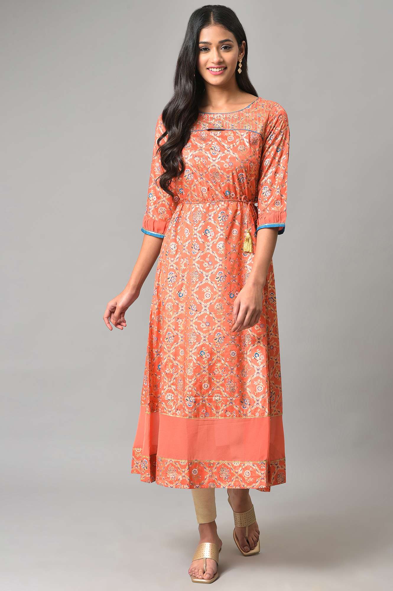 Peach Foil Printed A-Line Liva kurta