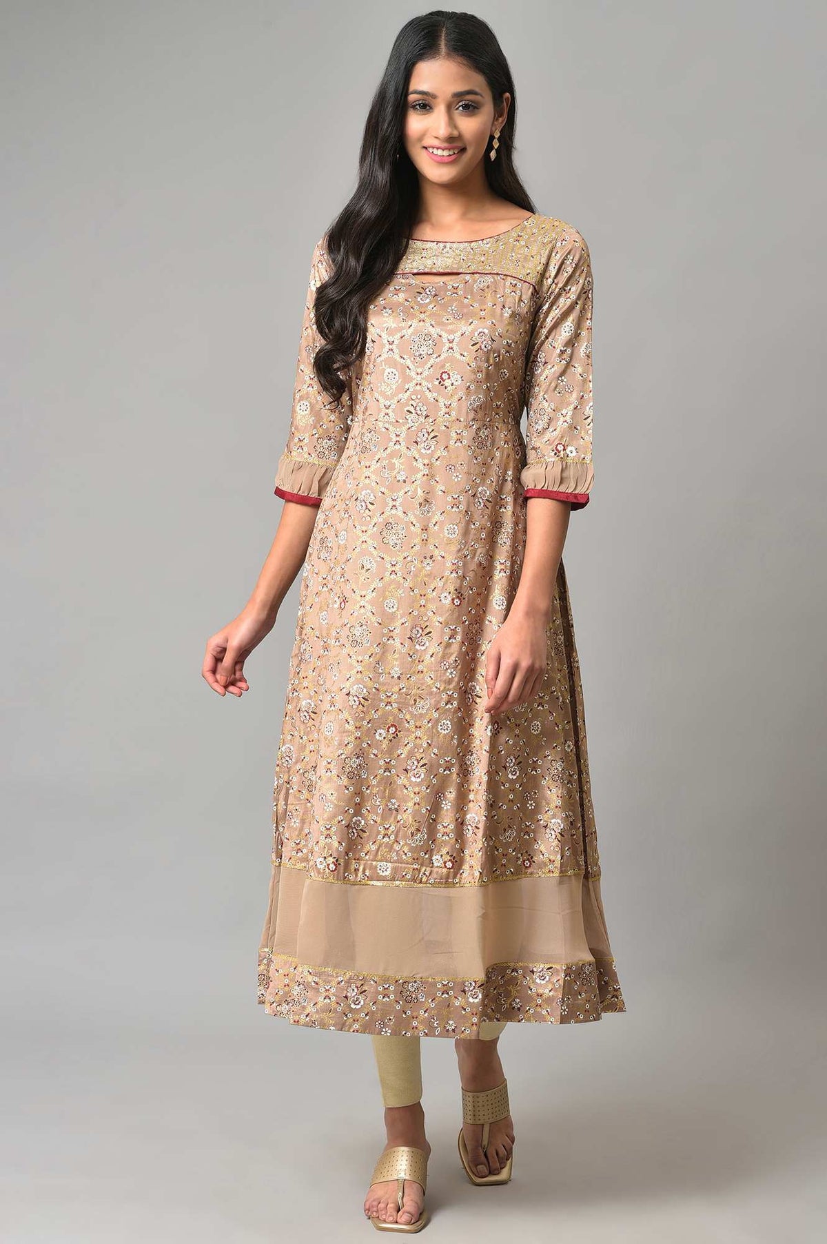 Beige Foil Printed A-Line Liva kurta - 2XL