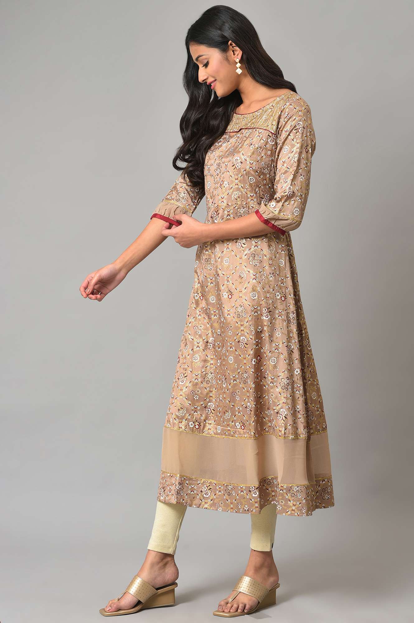 Beige Foil Printed A-Line Liva kurta