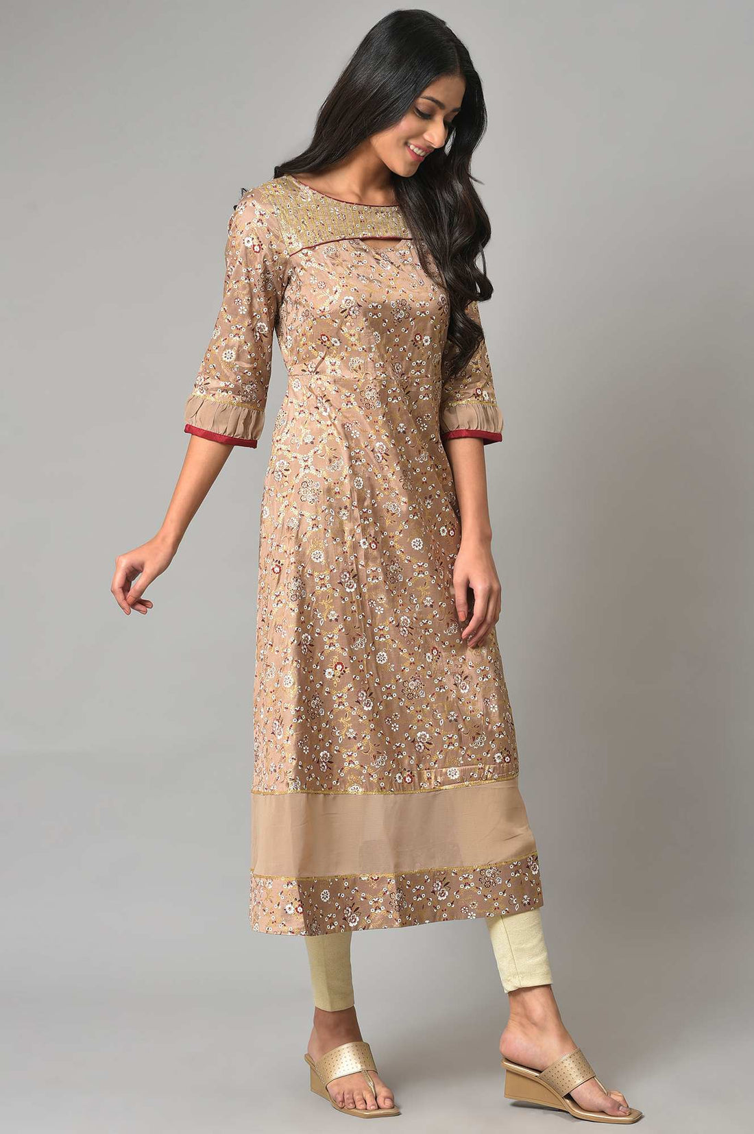 Beige Foil Printed A-Line Liva kurta