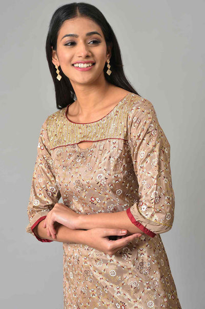 Beige Sequins A-line Kurta and Trouser Set