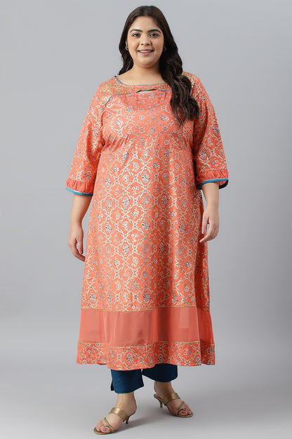 Peach Foil Printed A-Line Plus Size Liva kurta