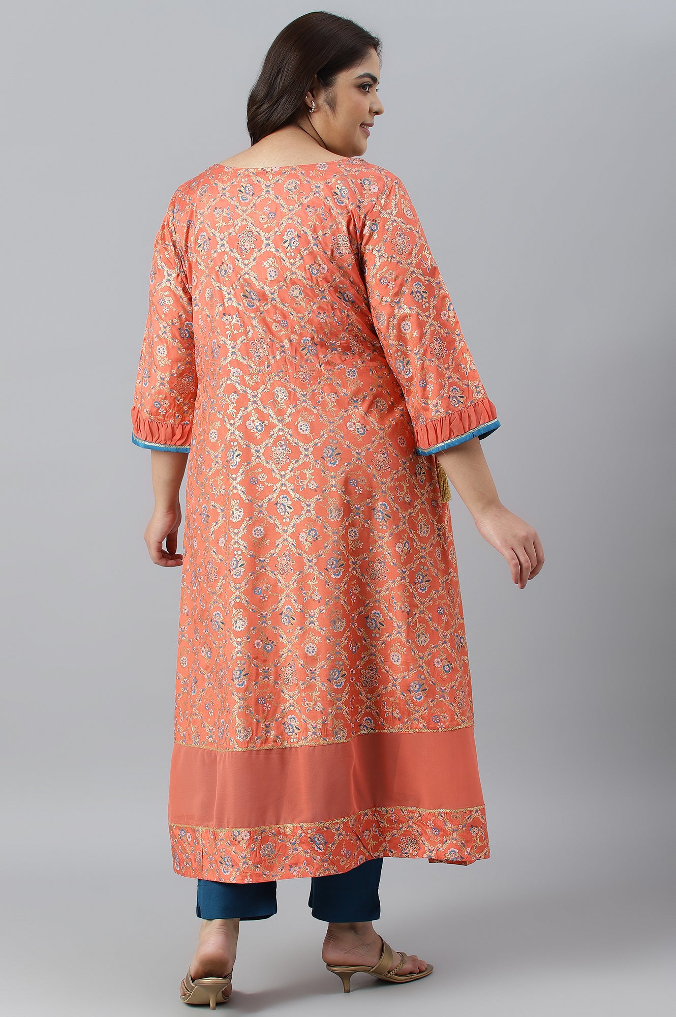 Peach Foil Printed A-Line Plus Size Liva kurta