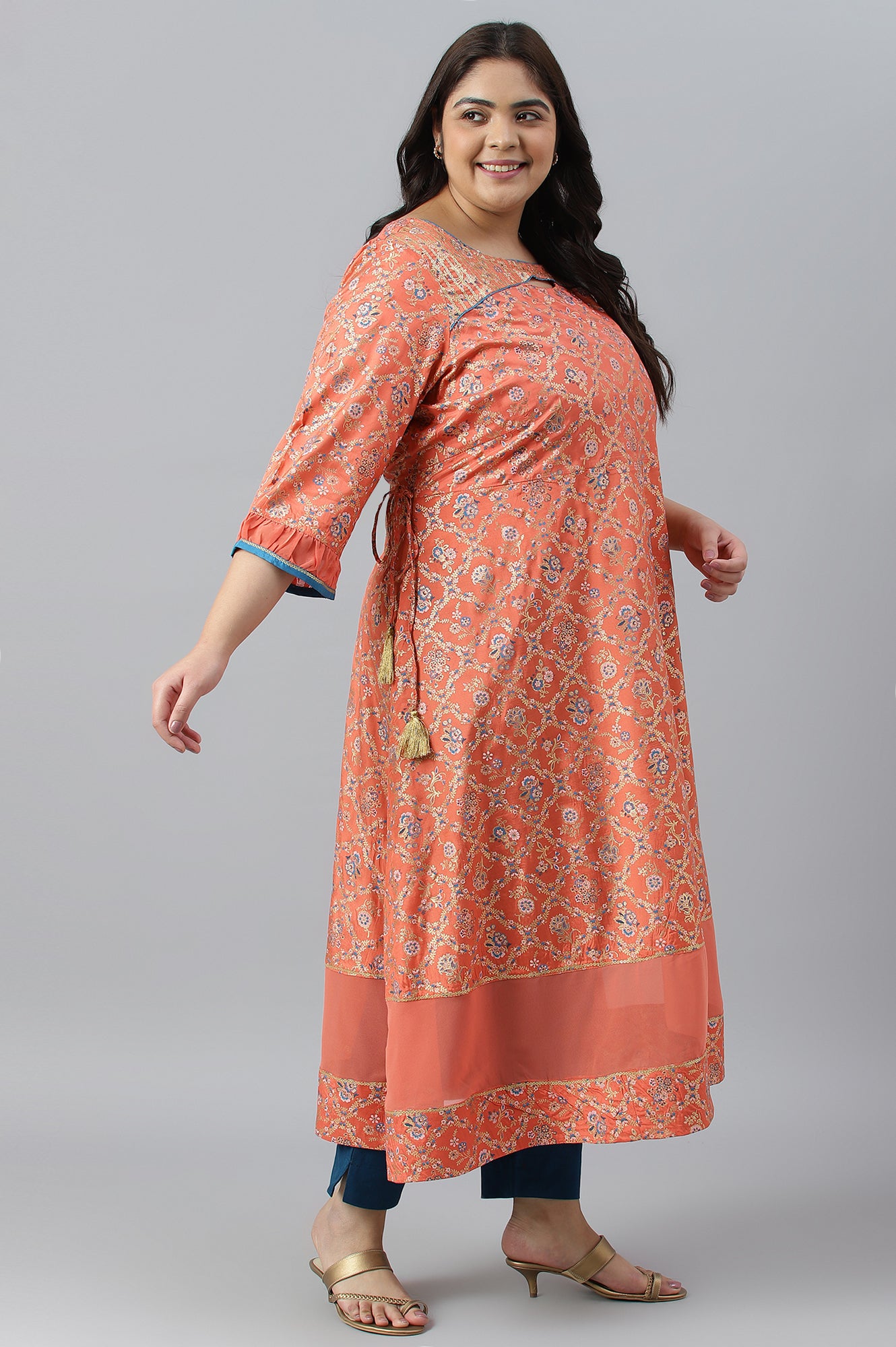 Peach Foil Printed A-Line Plus Size Liva kurta