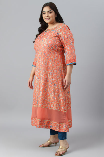 Peach Foil Printed A-Line Plus Size Liva kurta