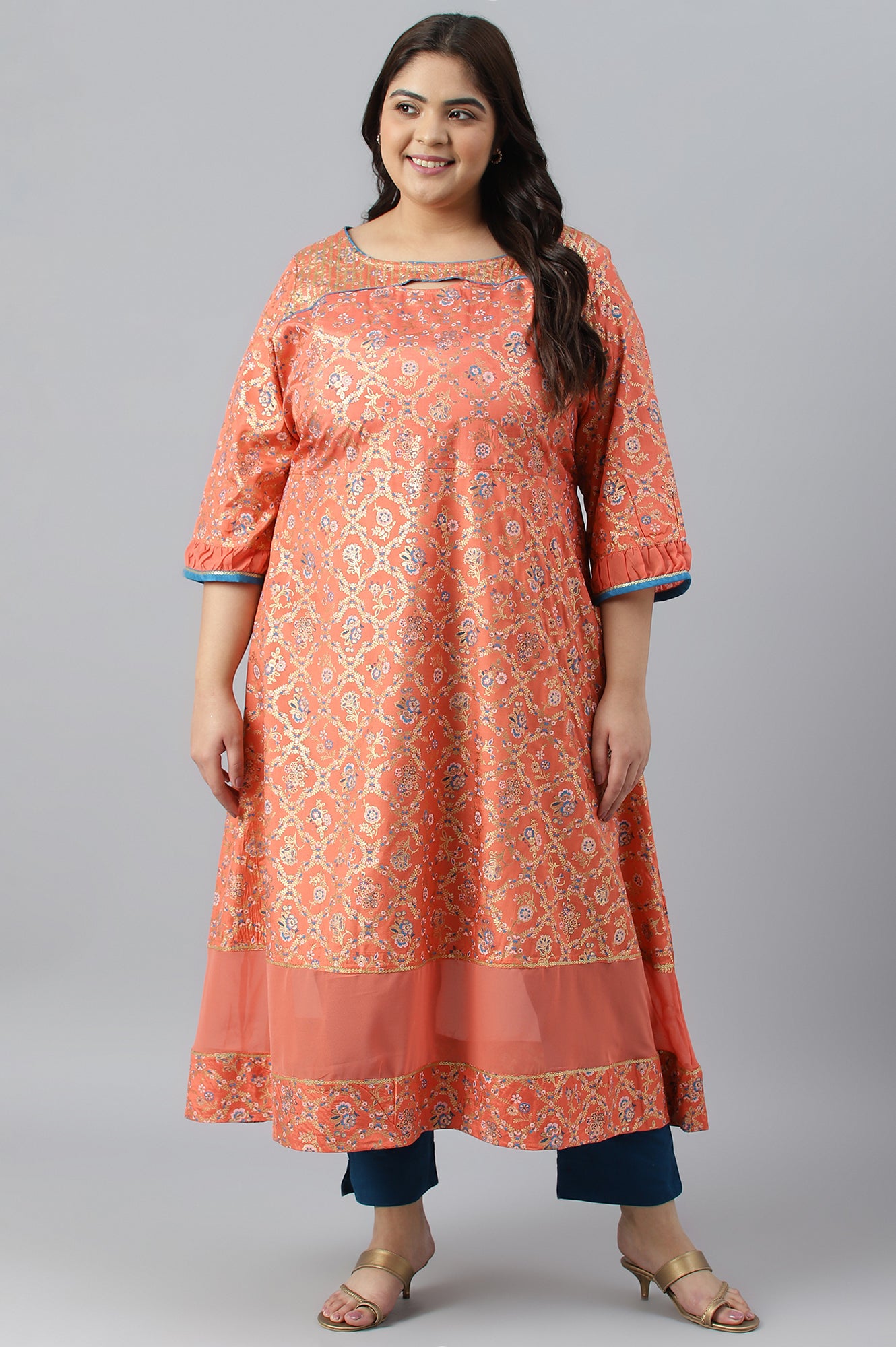 Peach Foil Printed A-Line Plus Size Liva kurta