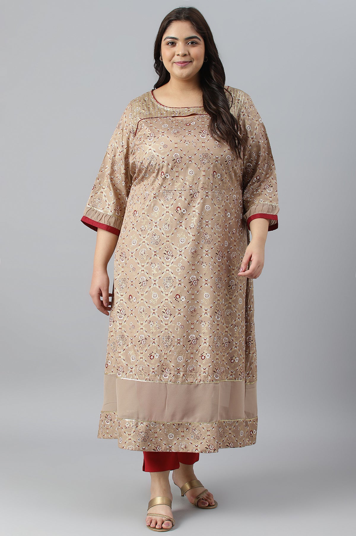 Beige Foil Printed A-Line Plus Size Liva kurta - 3XL
