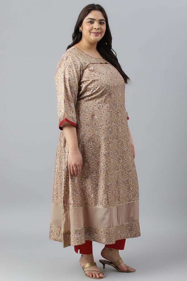 Beige Foil Printed A-Line Plus Size Liva kurta