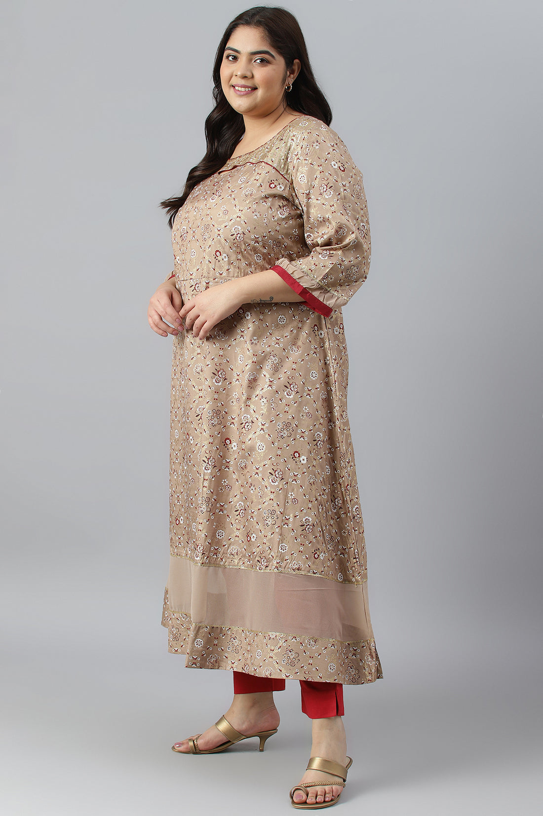 Beige Foil Printed A-Line Plus Size Liva kurta