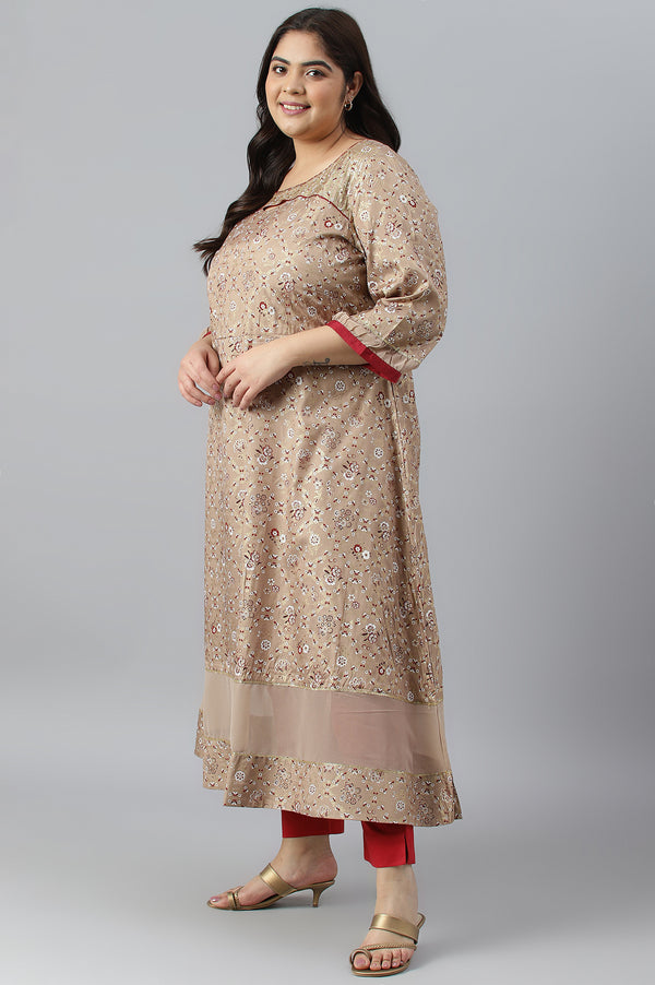 Beige Foil Printed A-Line Plus Size Liva kurta