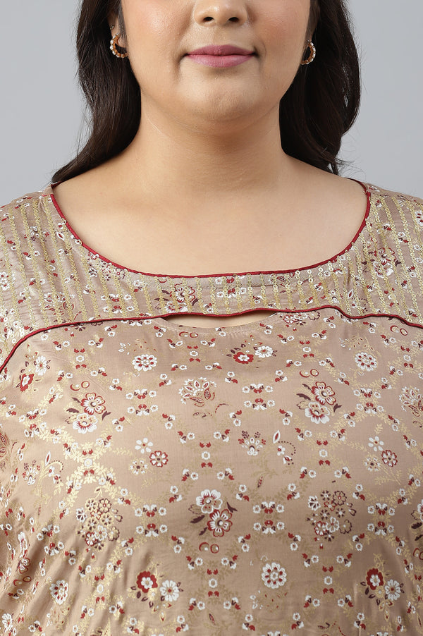 Beige Foil Printed A-Line Plus Size Liva kurta