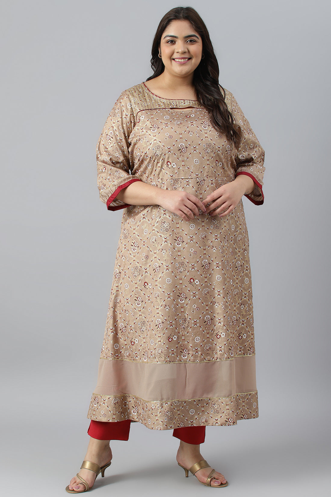 Beige Foil Printed A-Line Plus Size Liva kurta
