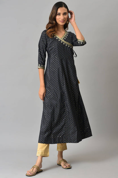 Navy A-line Printed Angrakha kurta