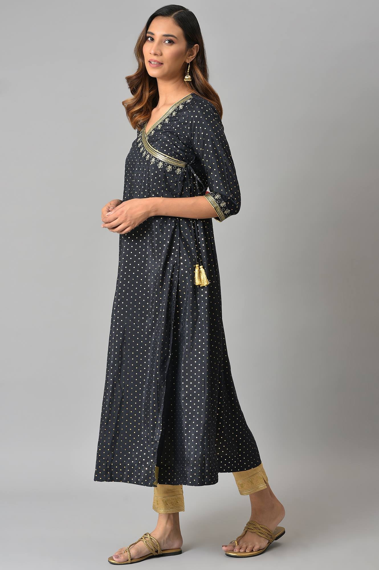 Navy A-line Printed Angrakha kurta