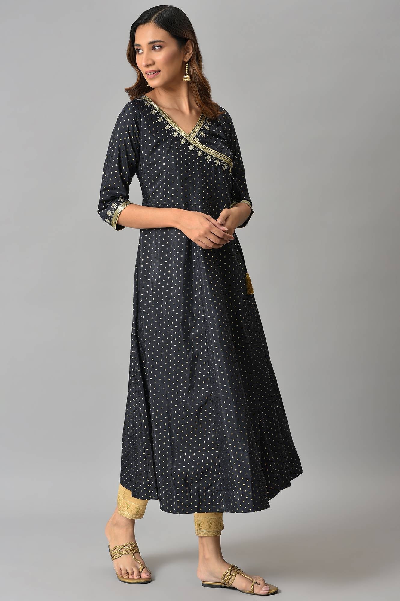 Navy A-line Printed Angrakha kurta