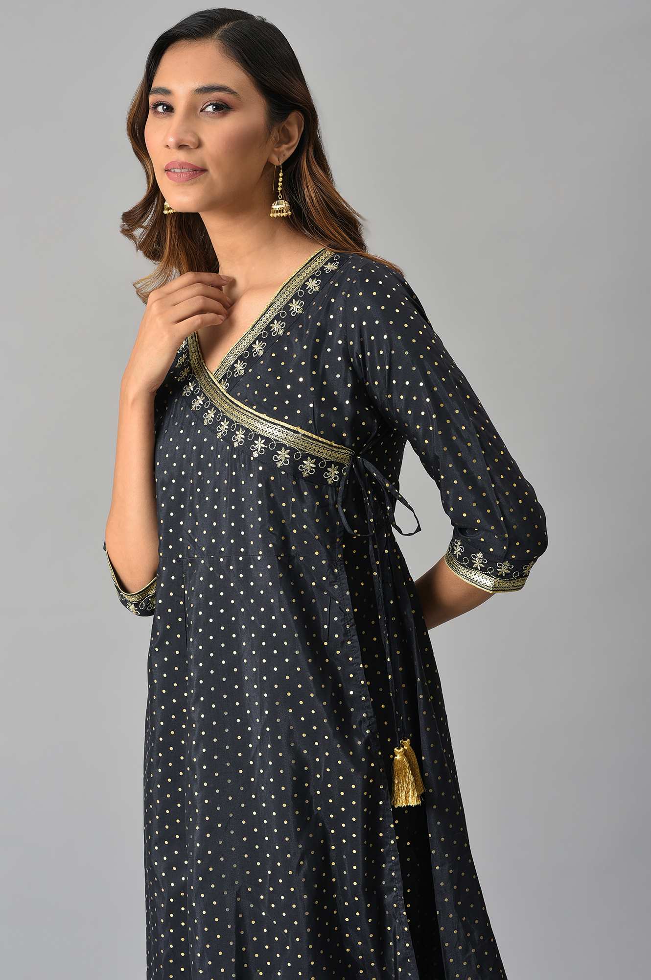 Navy A-line Printed Angrakha kurta