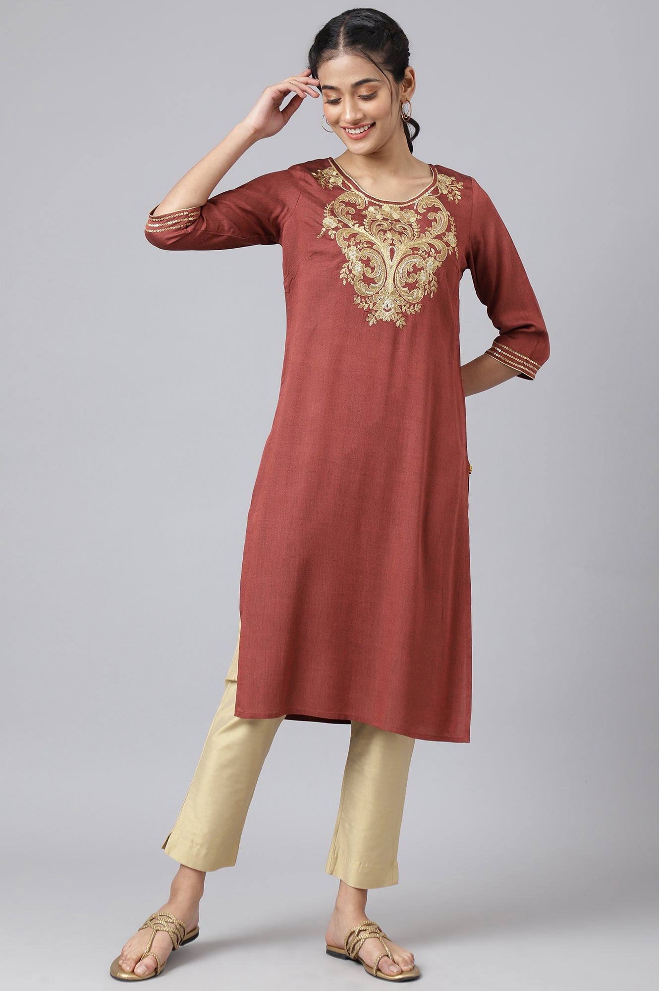 Peach Rayon Dori Embroidered kurta