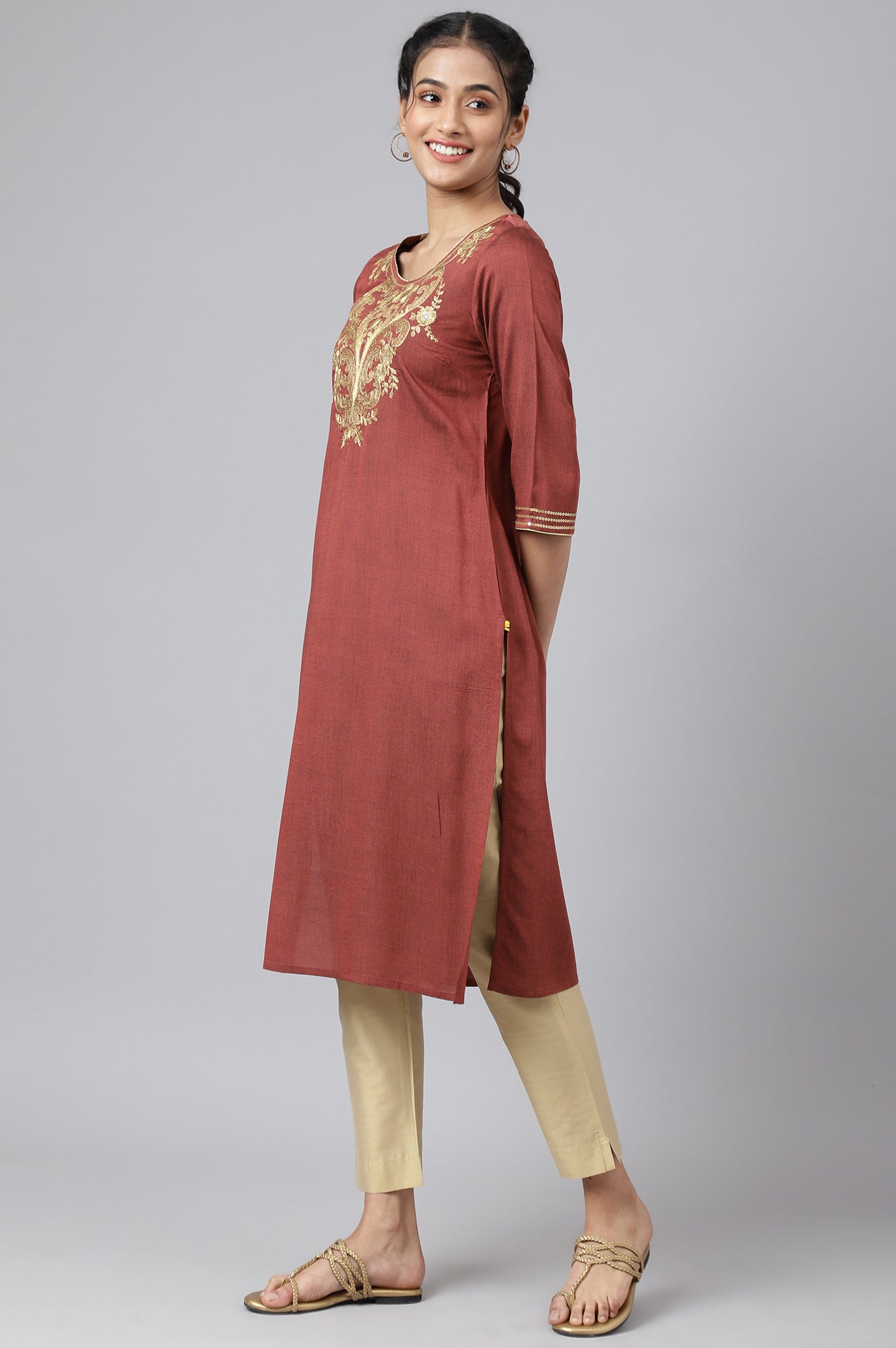 Peach Rayon Dori Embroidered kurta