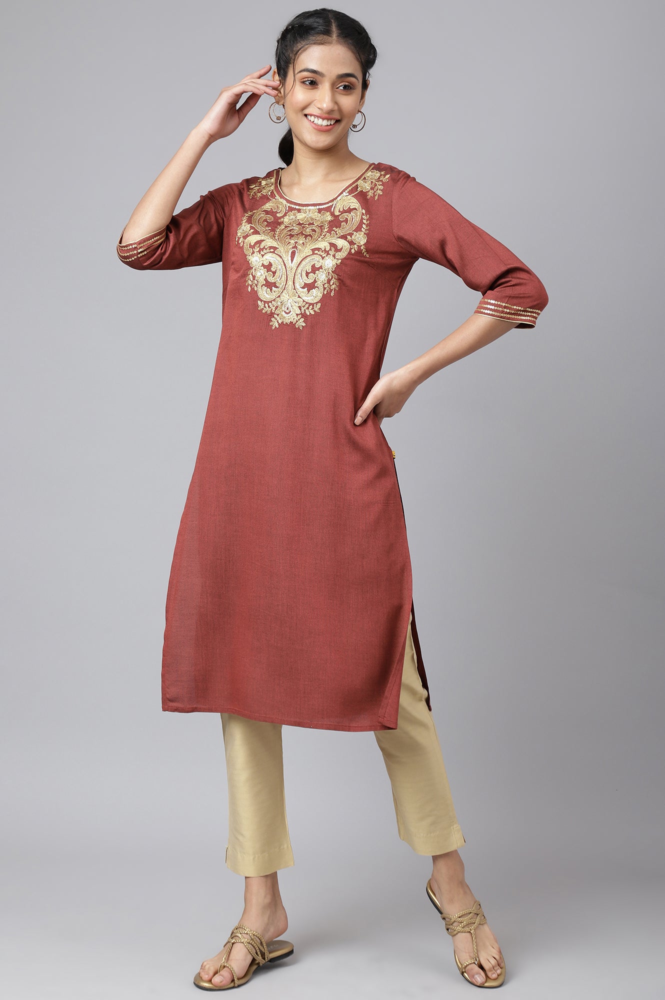 Peach Rayon Dori Embroidered kurta