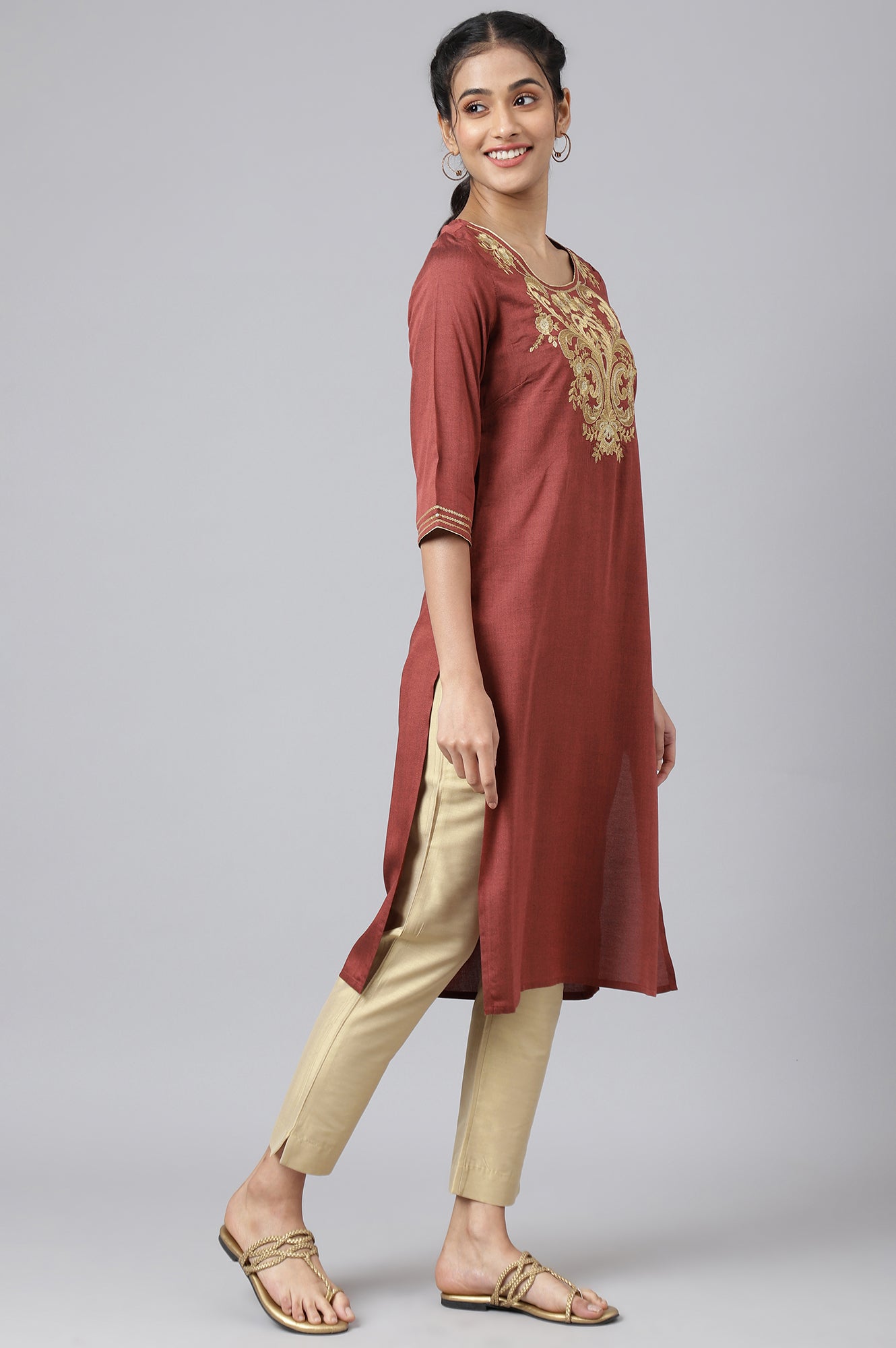 Peach Rayon Dori Embroidered kurta