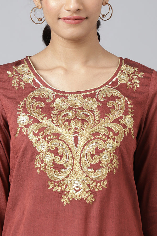 Maroon Zari Embroidered with Sequins Straight Kurta and Tight Set