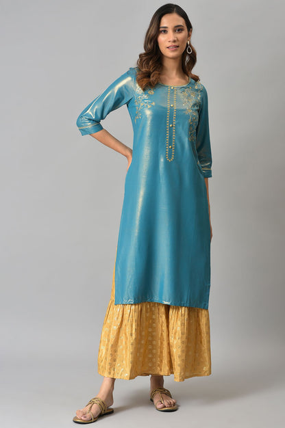 Blue Asymmetrical LIVA kurta with Zari Embroidery