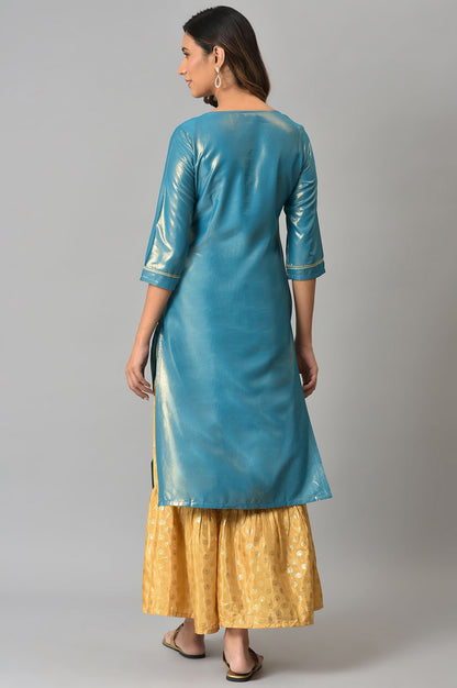 Blue Asymmetrical LIVA kurta with Zari Embroidery