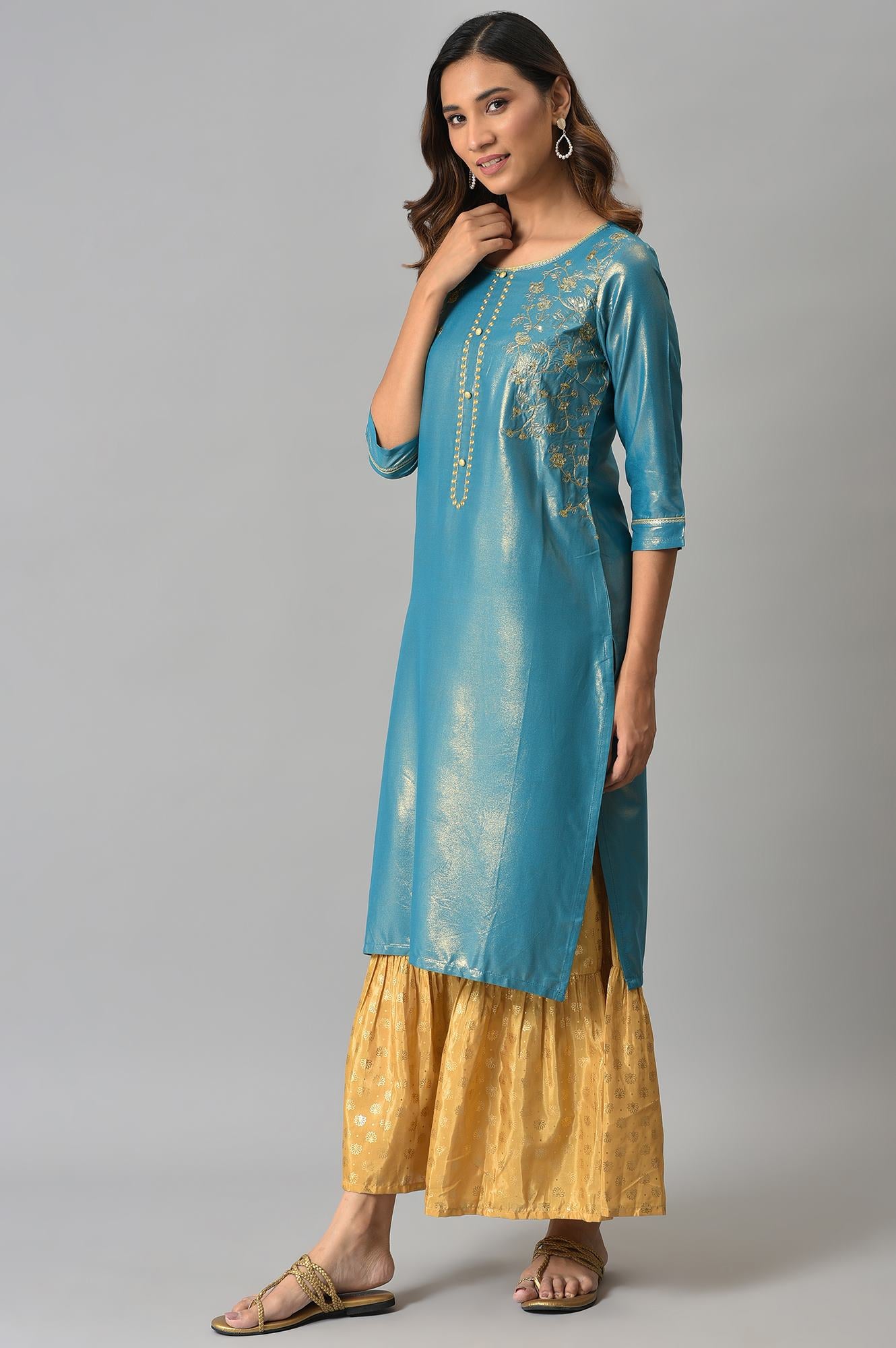 Blue Asymmetrical LIVA kurta with Zari Embroidery