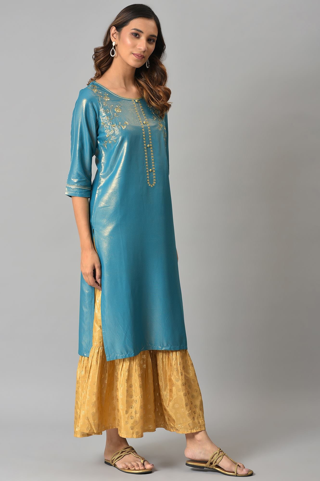 Blue Asymmetrical LIVA kurta with Zari Embroidery