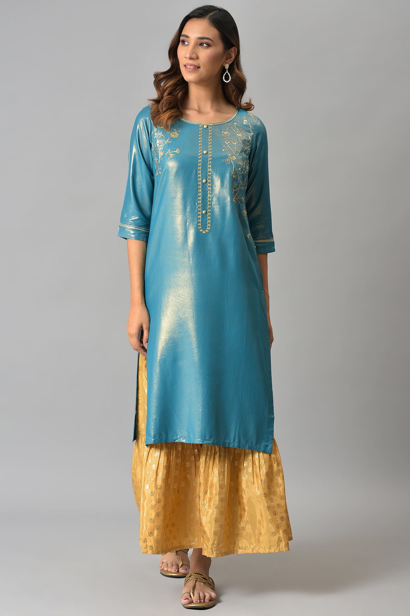 Blue Asymmetrical LIVA kurta with Zari Embroidery