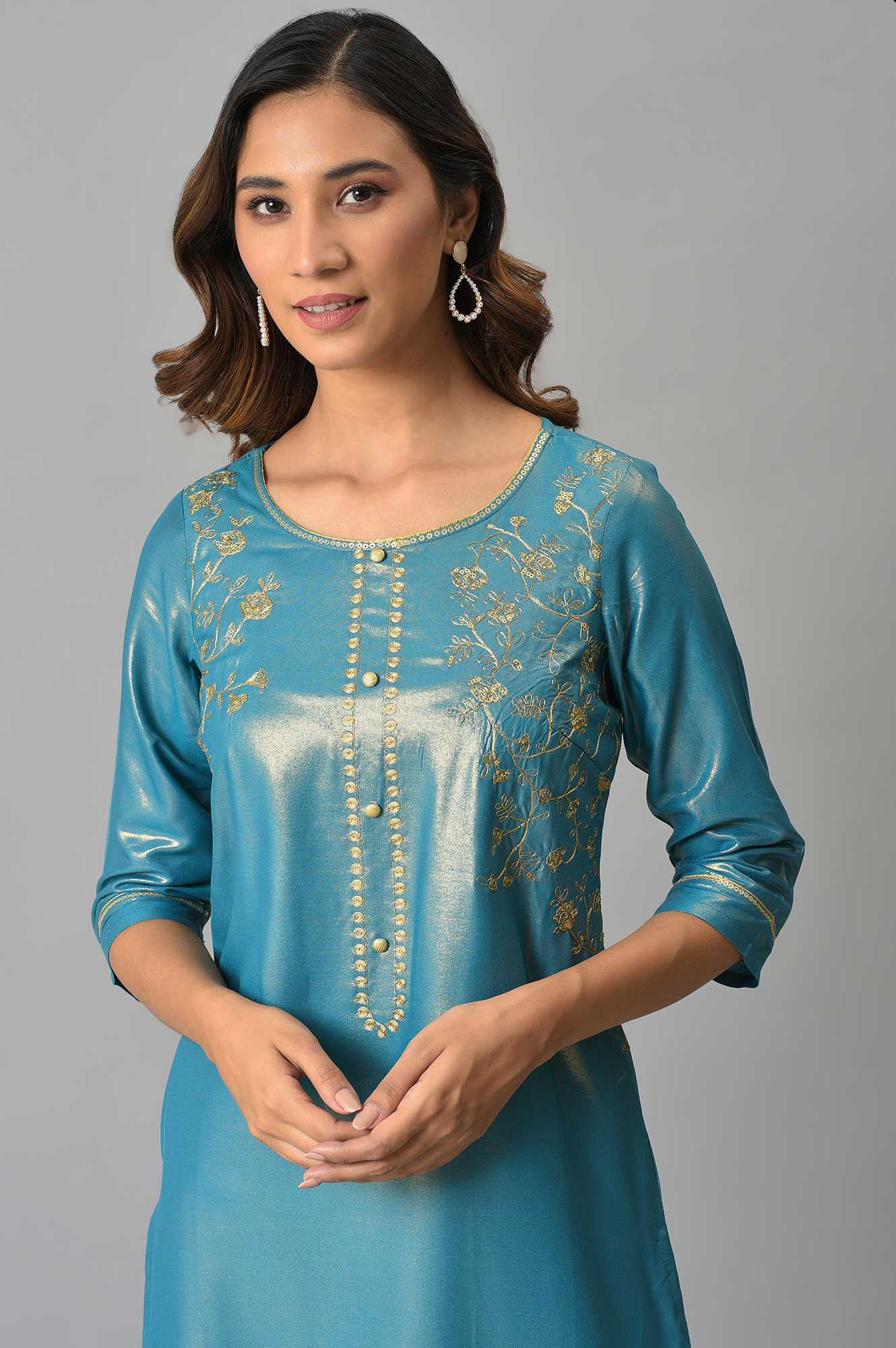 Blue Asymmetrical LIVA kurta with Zari Embroidery