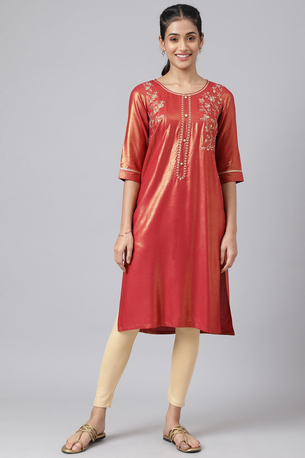 Maroon Asymmetrical Liva Kurta With Zari Embroidery - XS