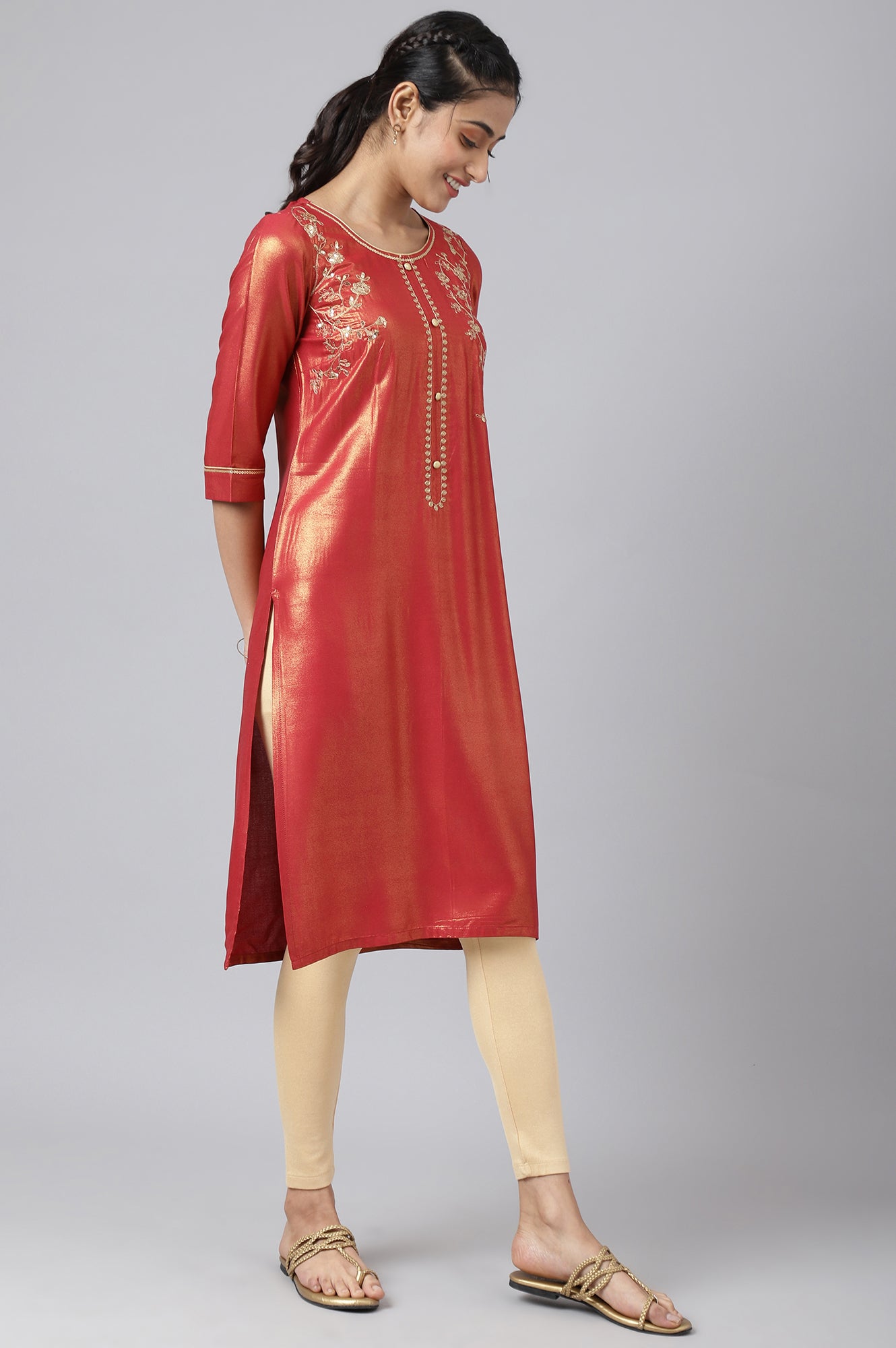 Maroon Asymmetrical Liva Kurta With Zari Embroidery