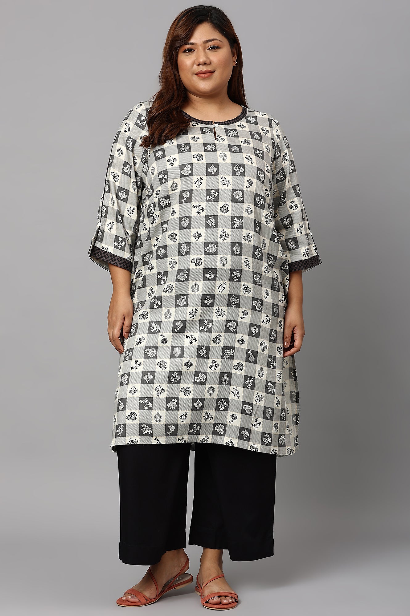 Grey Floral Printed Plus Size kurta