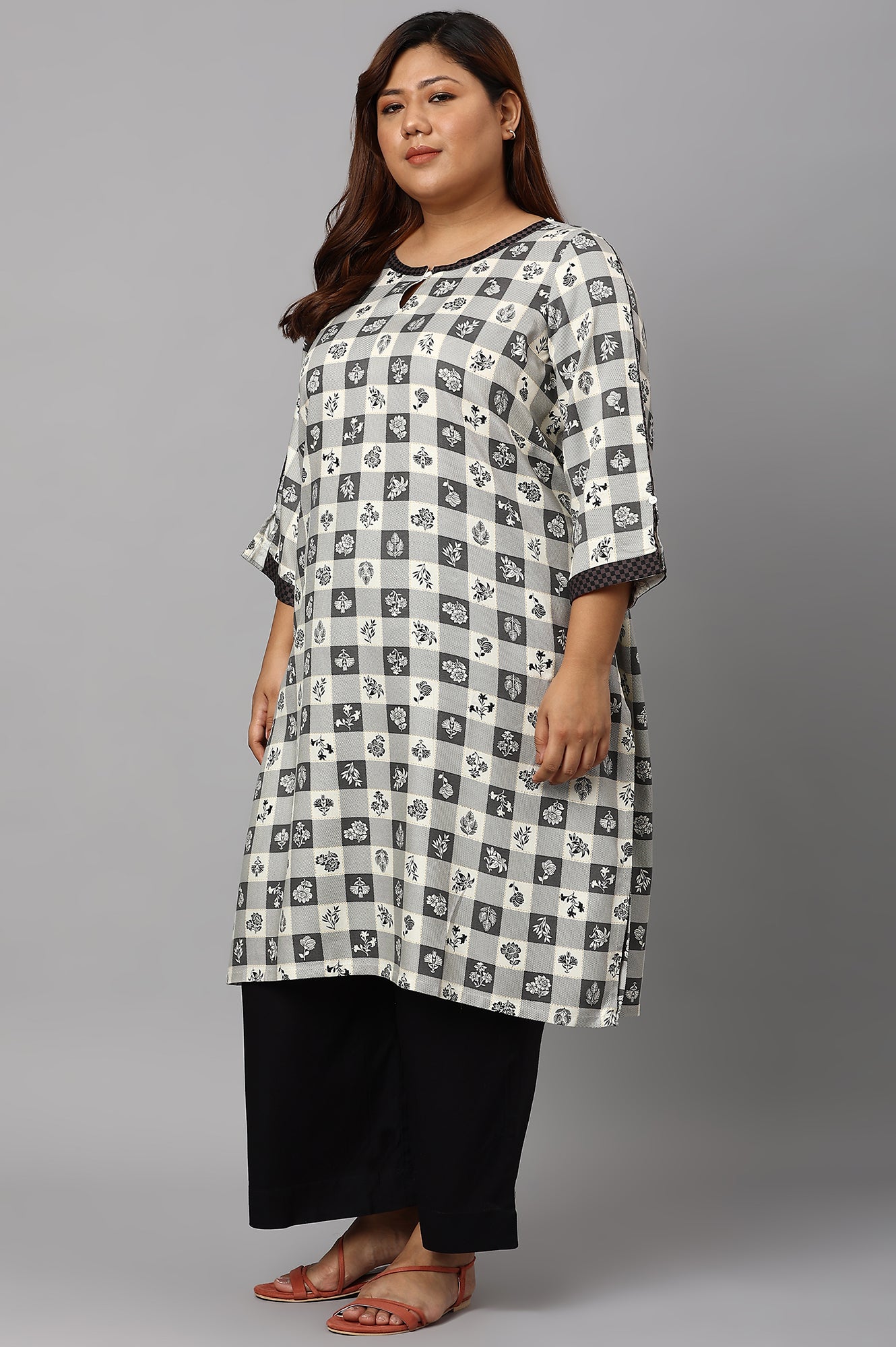 Grey Floral Printed Plus Size kurta