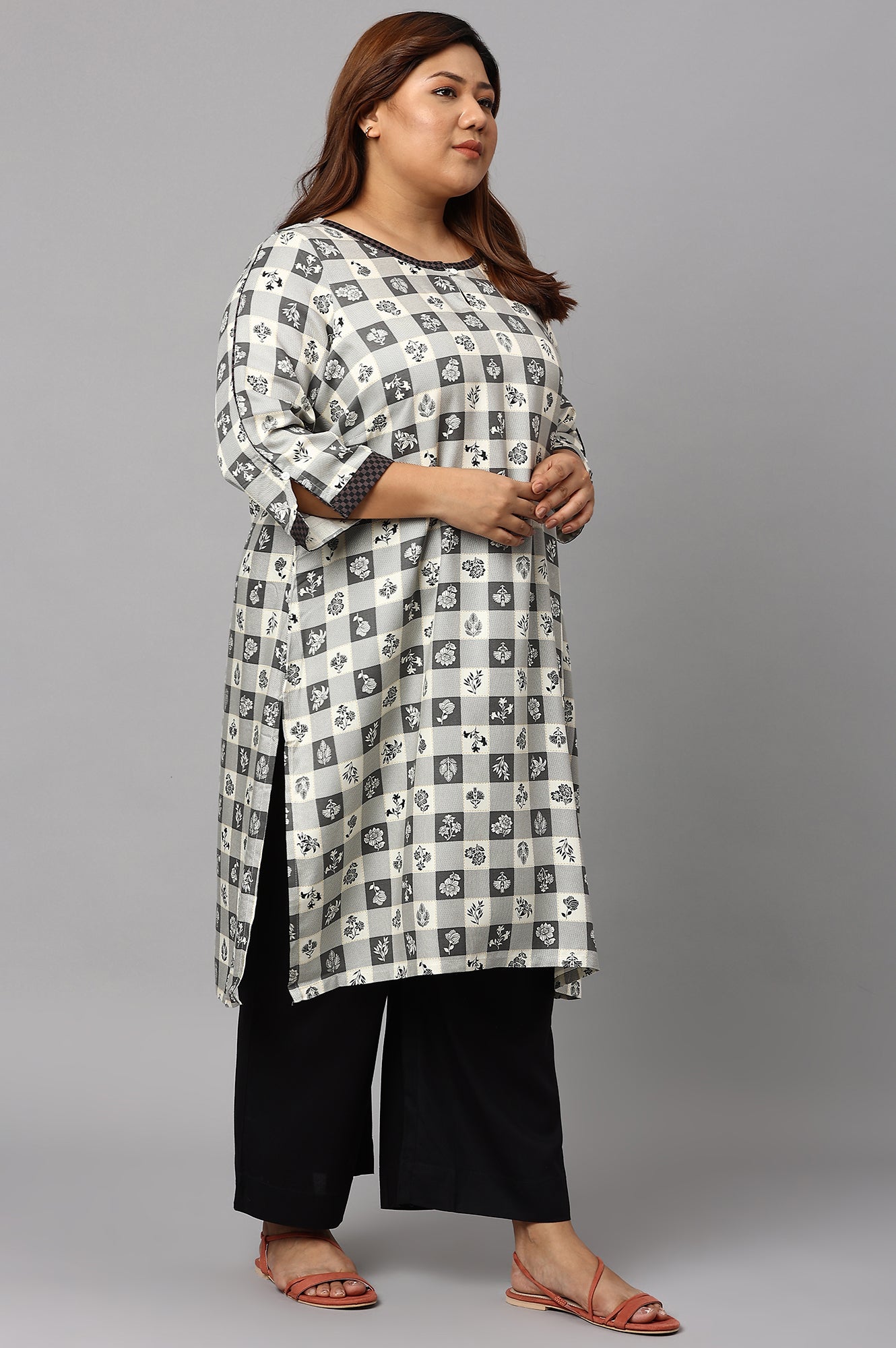 Grey Floral Printed Plus Size kurta