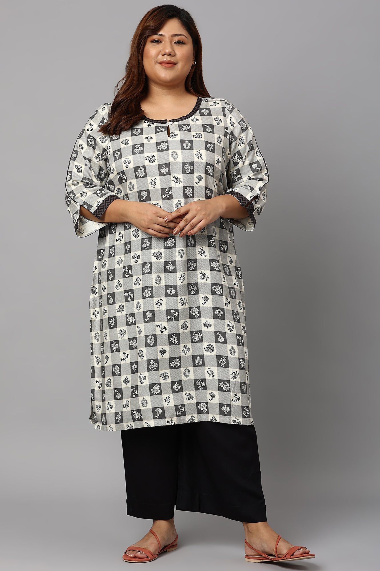 Grey Floral Printed Plus Size kurta