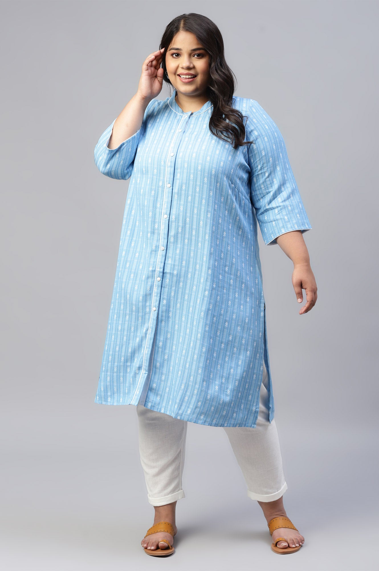 Blue Prinnted Plus Size kurta In Boat Neck