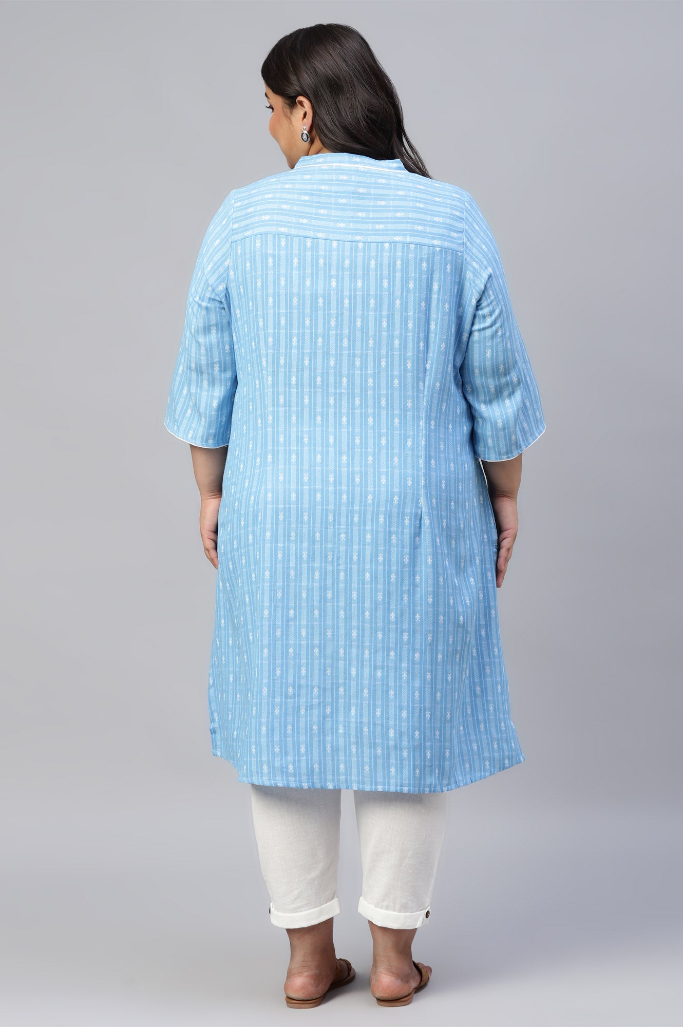 Blue Prinnted Plus Size kurta In Boat Neck