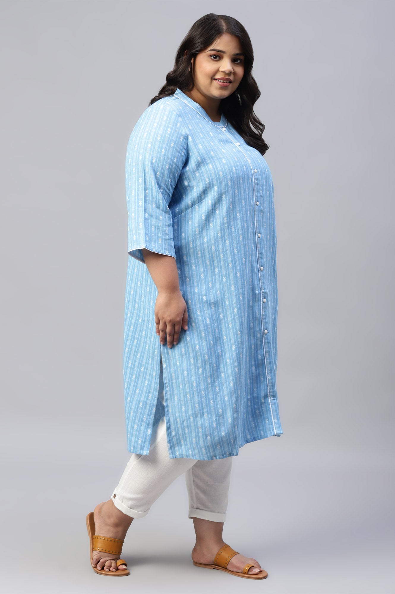 Blue Prinnted Plus Size kurta In Boat Neck