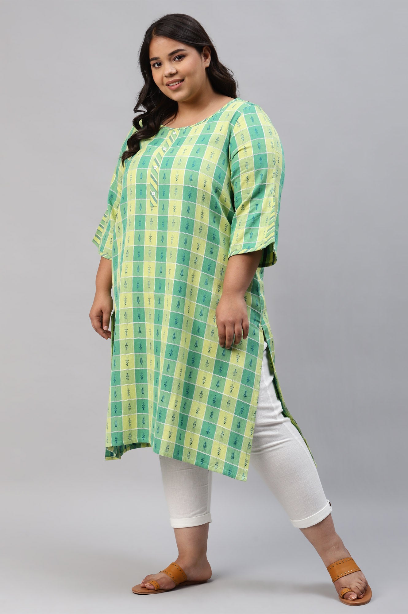 Green Dobby Printed Plus Size kurta