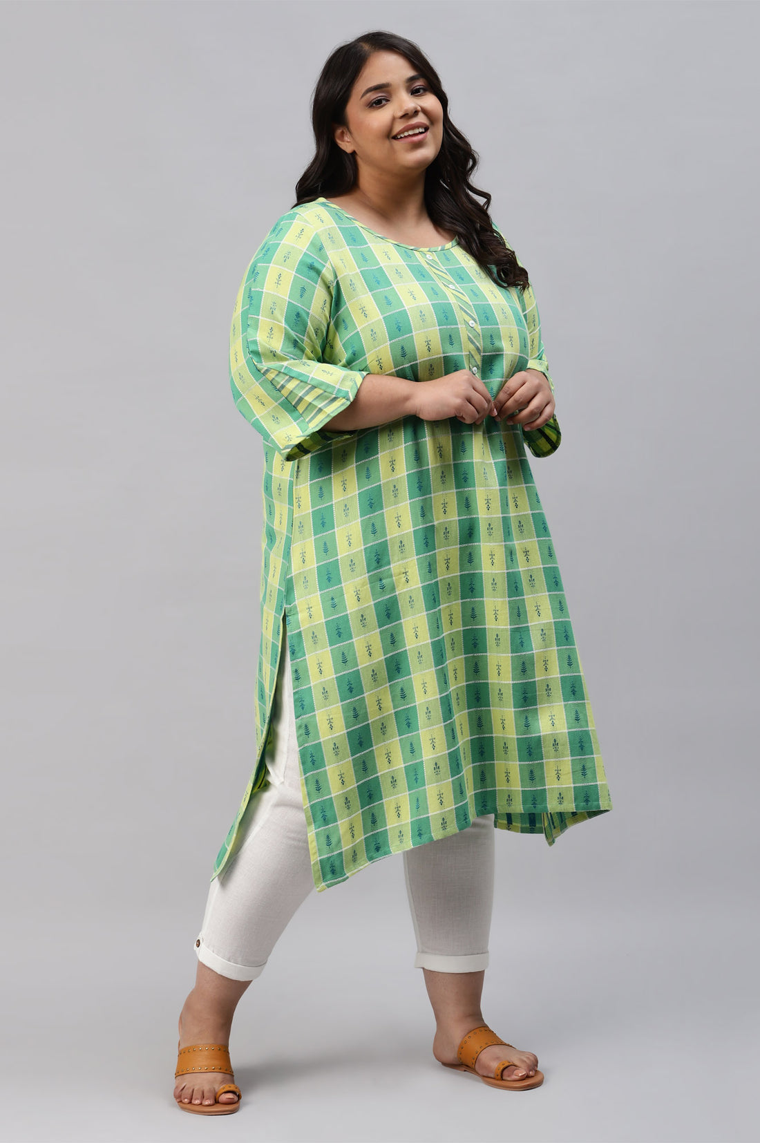 Green Dobby Printed Plus Size kurta