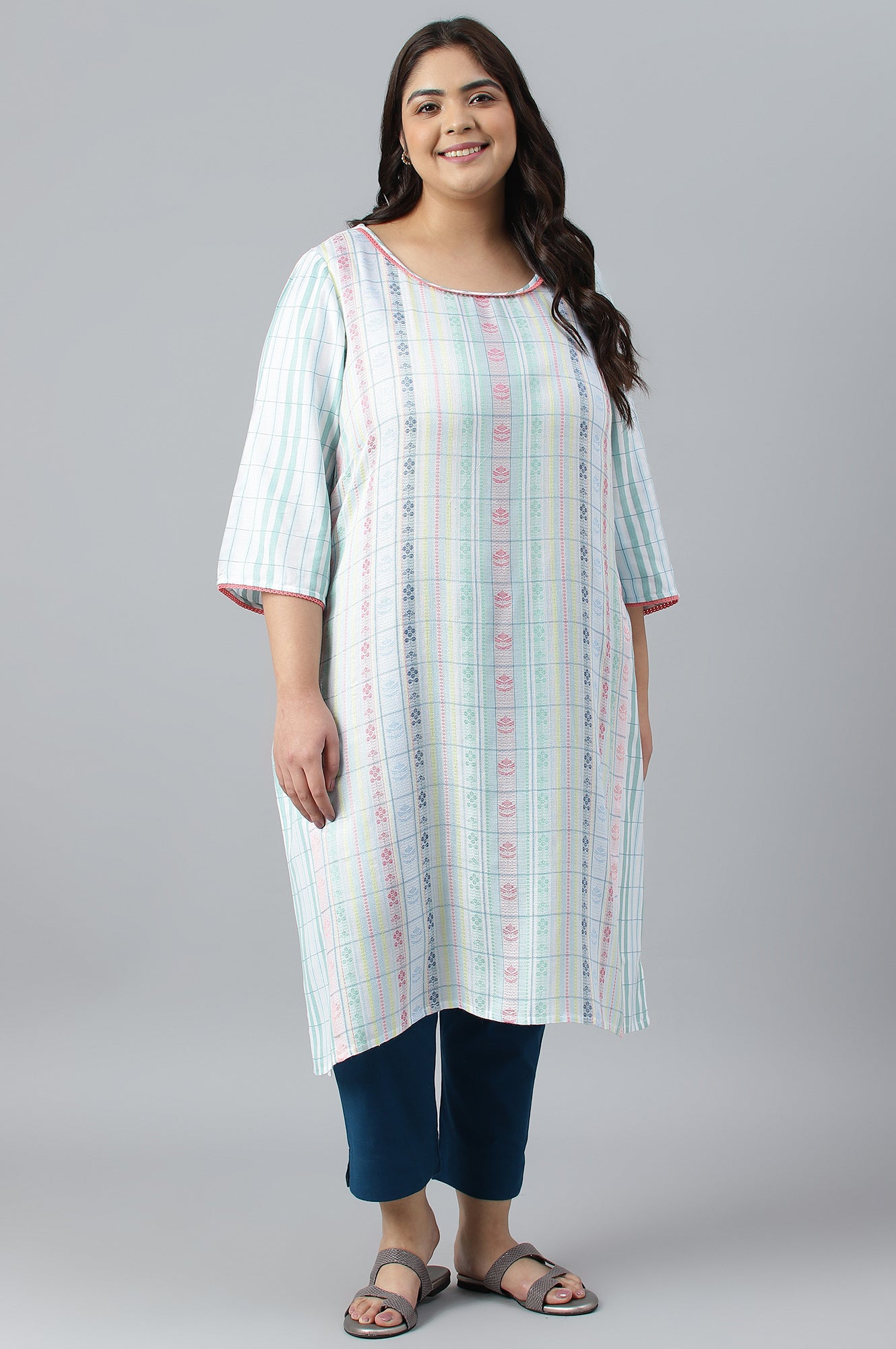 White Dobby Printed Ethnic Plus Size kurta