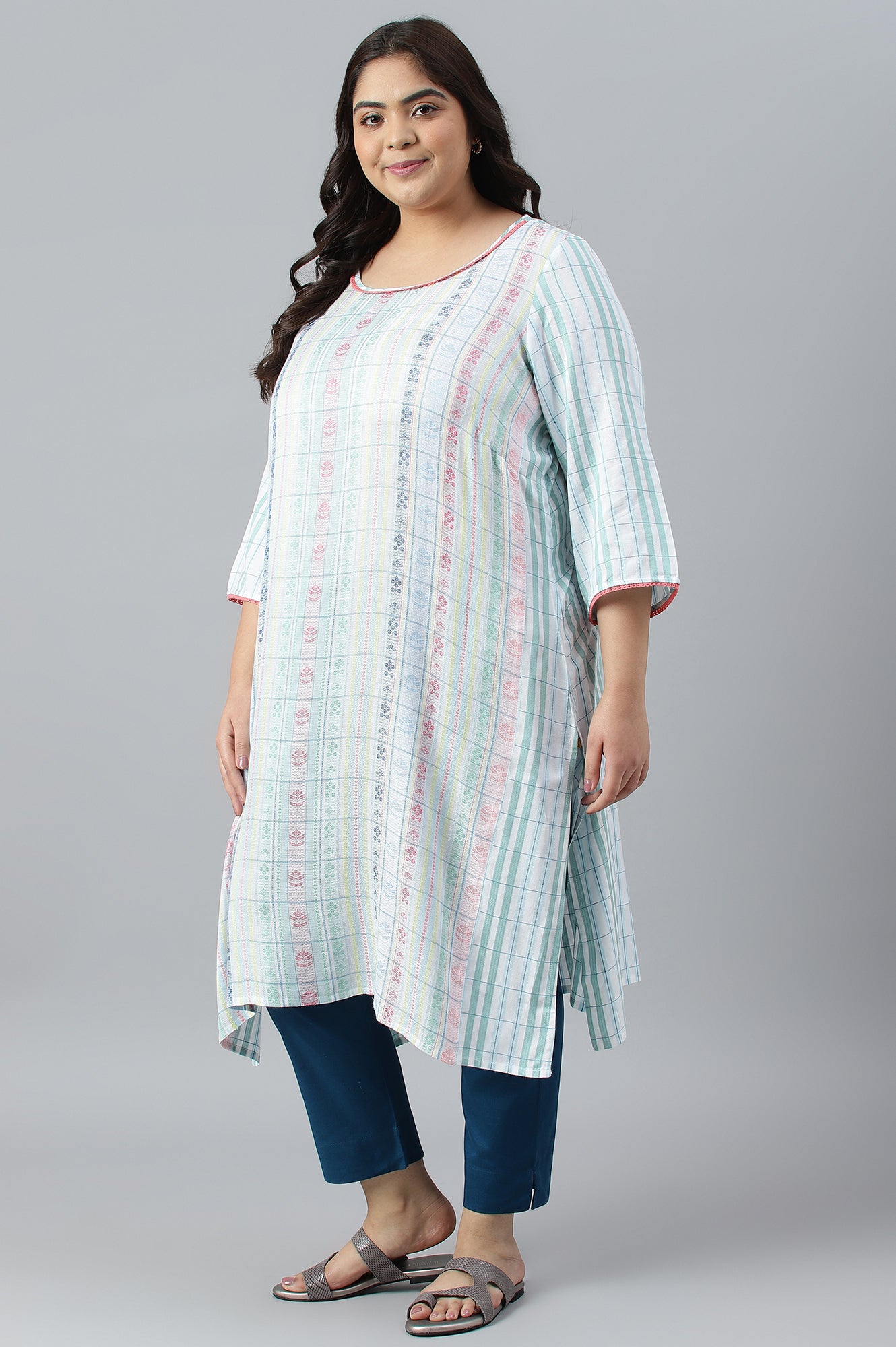 White Dobby Printed Ethnic Plus Size kurta