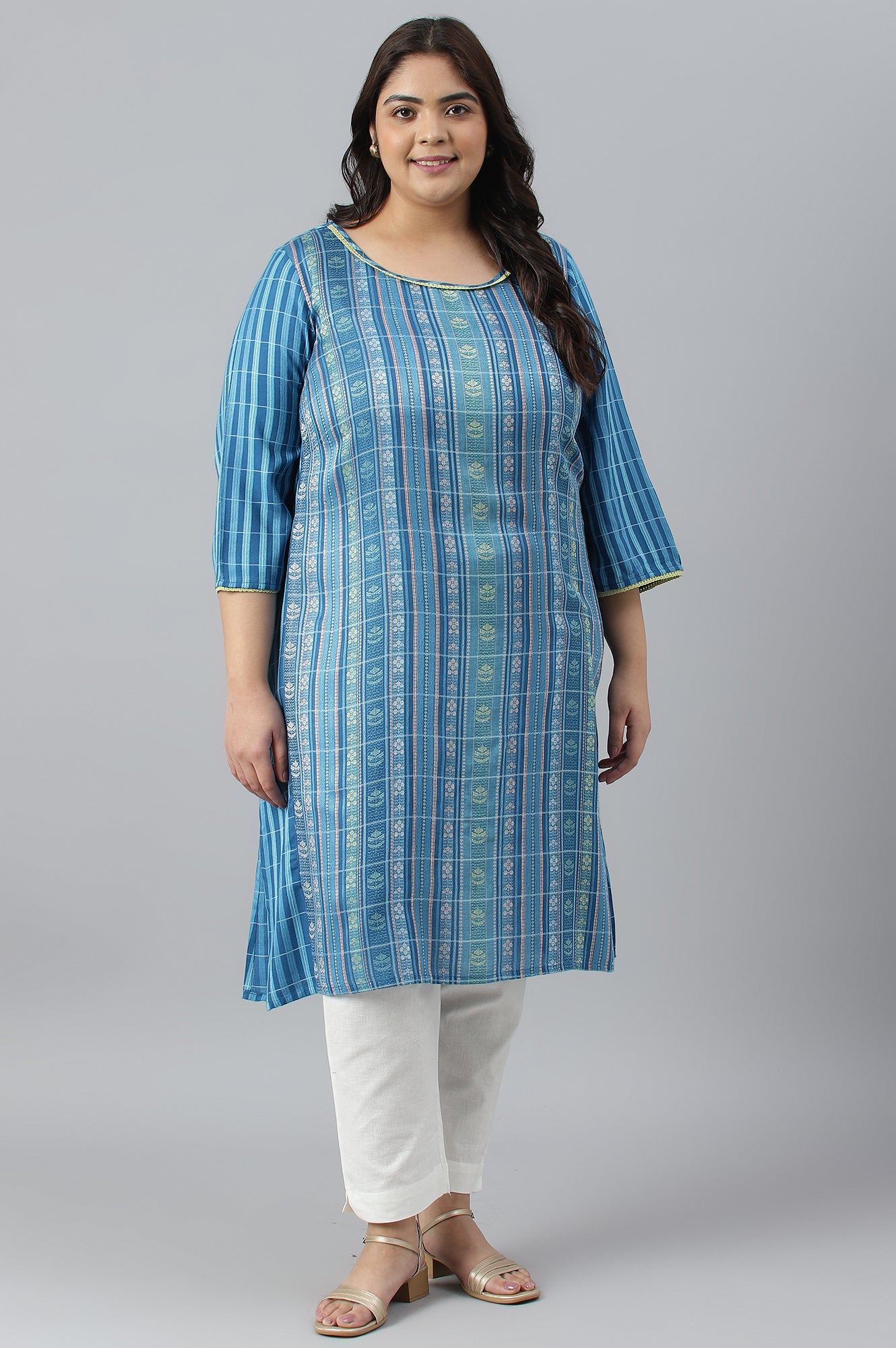 Blue Dobby Printed Ethnic Plus Size kurta