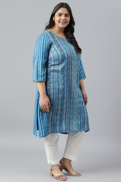 Blue Dobby Printed Ethnic Plus Size kurta