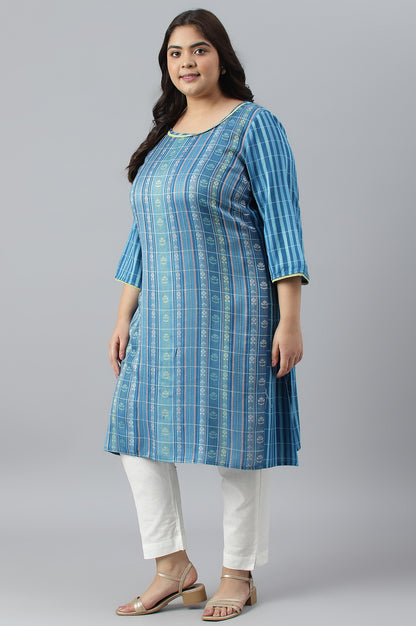 Blue Dobby Printed Ethnic Plus Size kurta