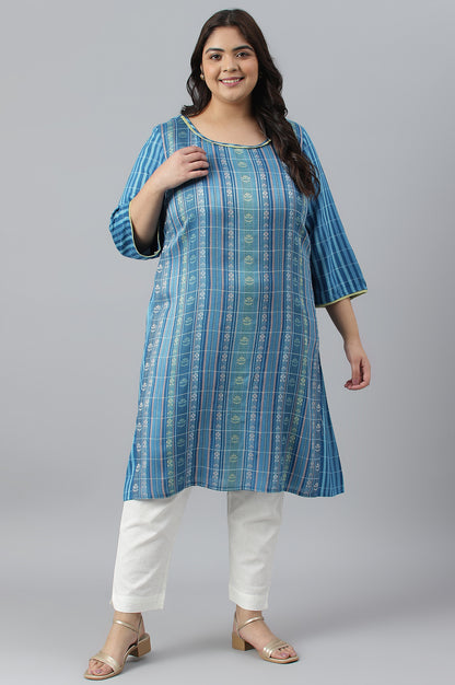 Blue Dobby Printed Ethnic Plus Size kurta