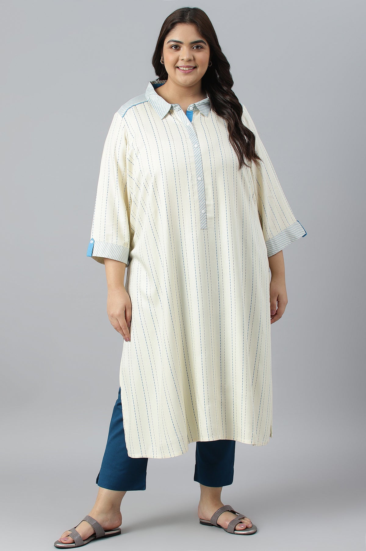 Beige Shirt Collar Stripe Print Plus Size kurta - 3XL